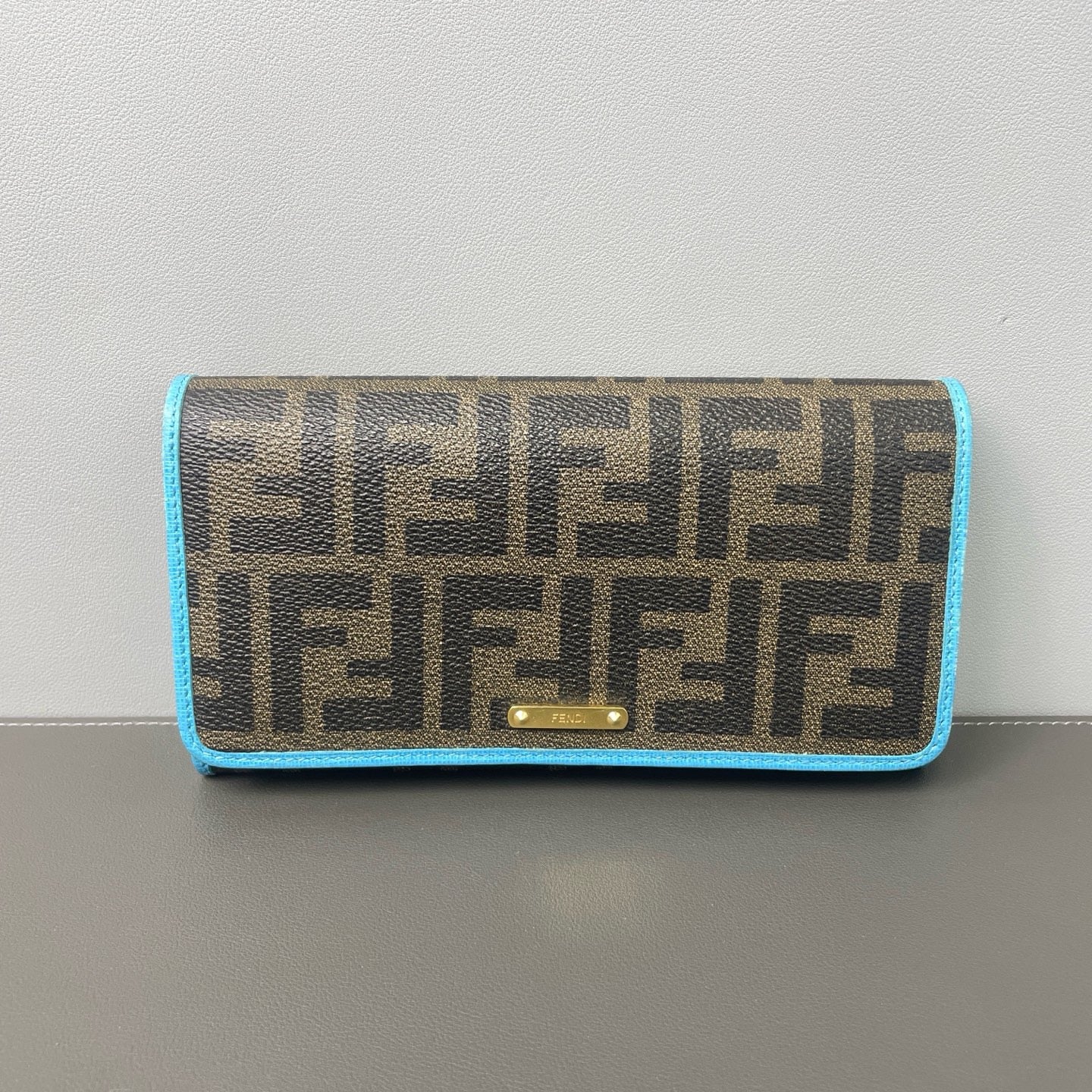 Fendi Zucca Continental Long Wallet  with Turquoise Trim LDZ0035
