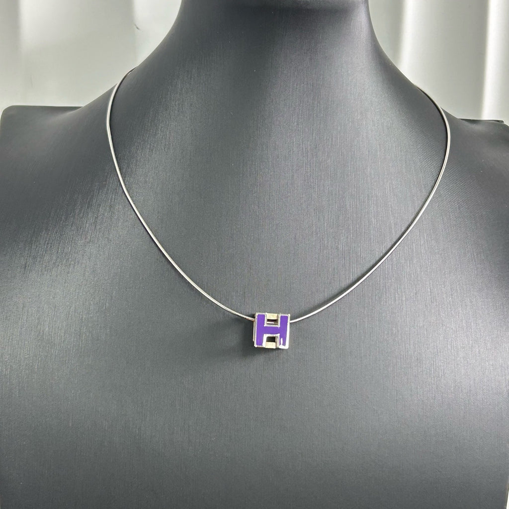 Hermès H Cube Pendant  Necklace (Purple Enamel with Silver Chain) LDZ0042