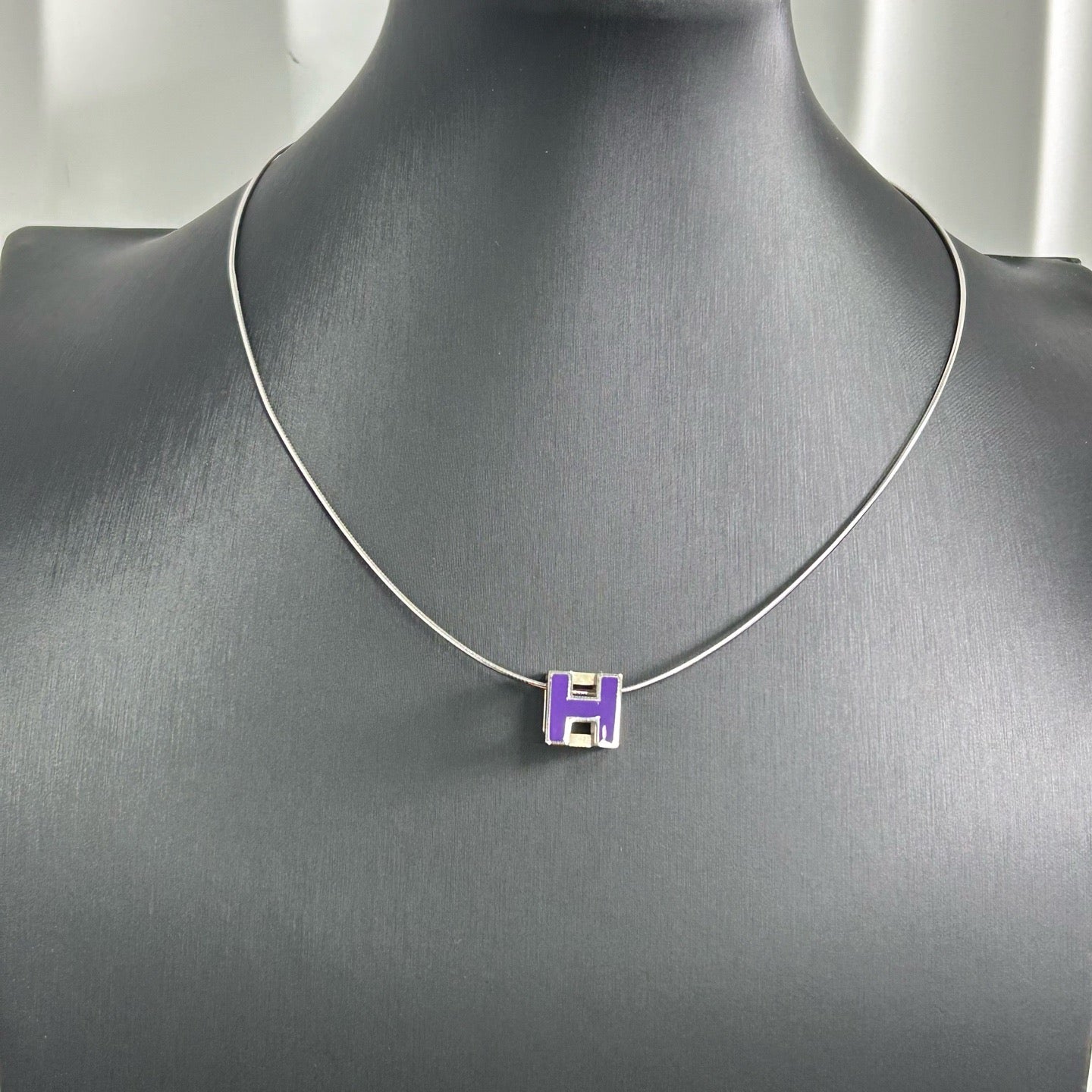 Hermès H Cube Pendant  Necklace (Purple Enamel with Silver Chain) LDZ0042