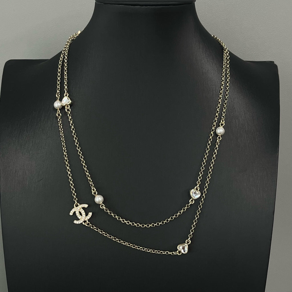 Chanel CC Logo Pearl & Heart Crystal Long Necklace LDZ0043