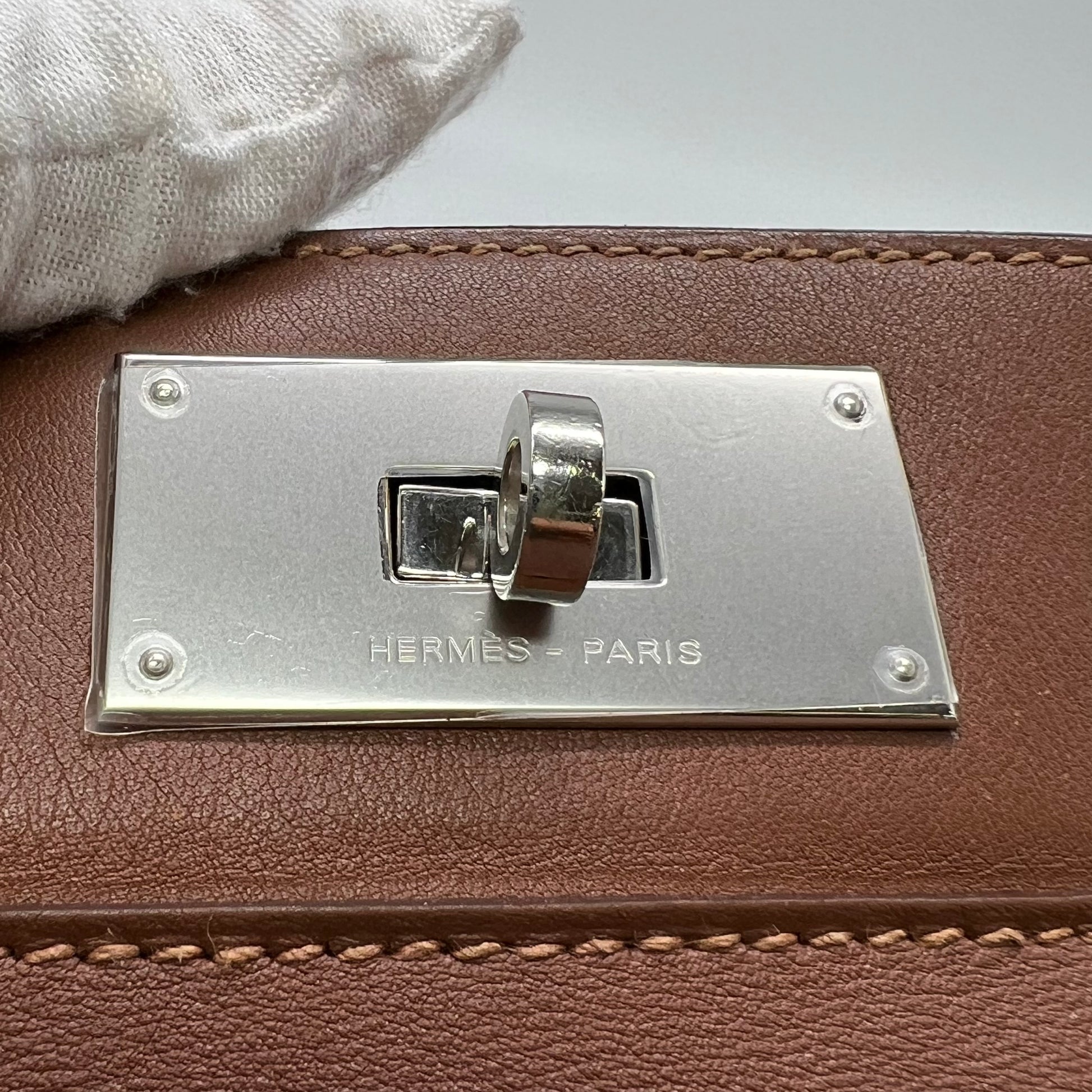 Hermes 26cm Argile Swift Leather Palladium Plated Toolbox Bag twins B22172