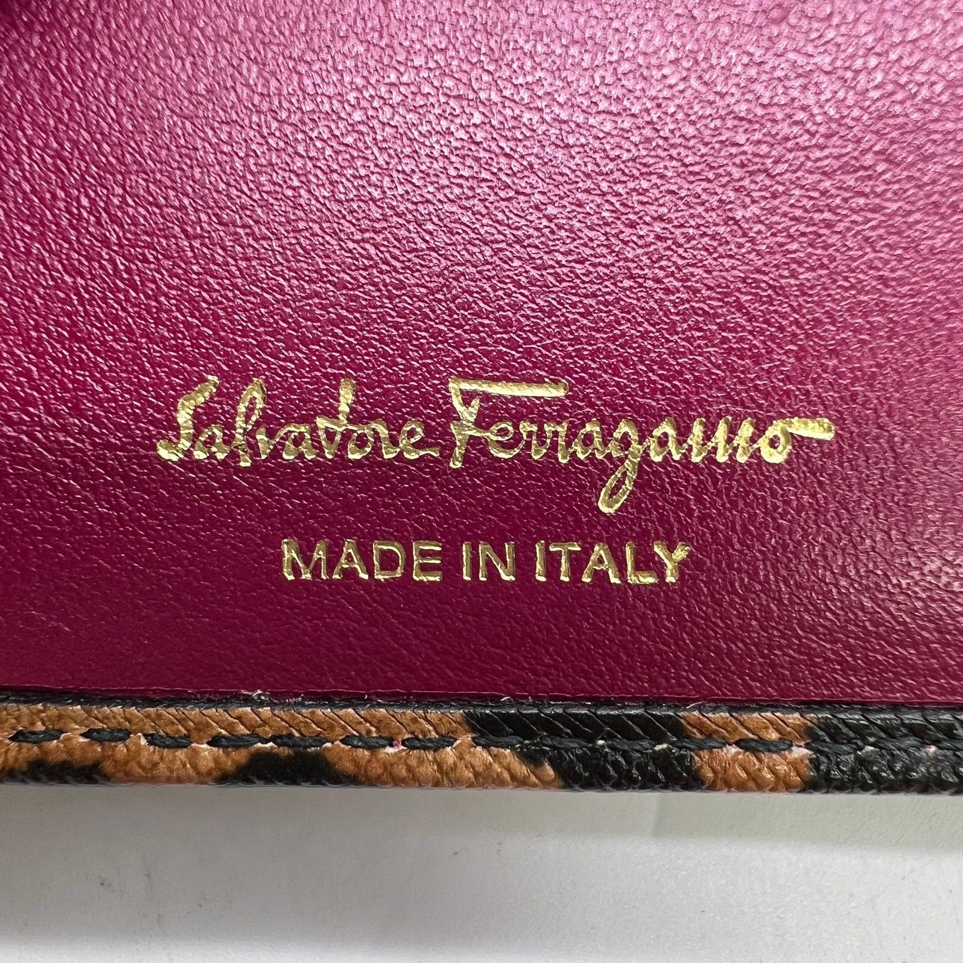 Salvatore Ferragamo Leopard Print Leather Gancio Bit Compact Wallet W22835