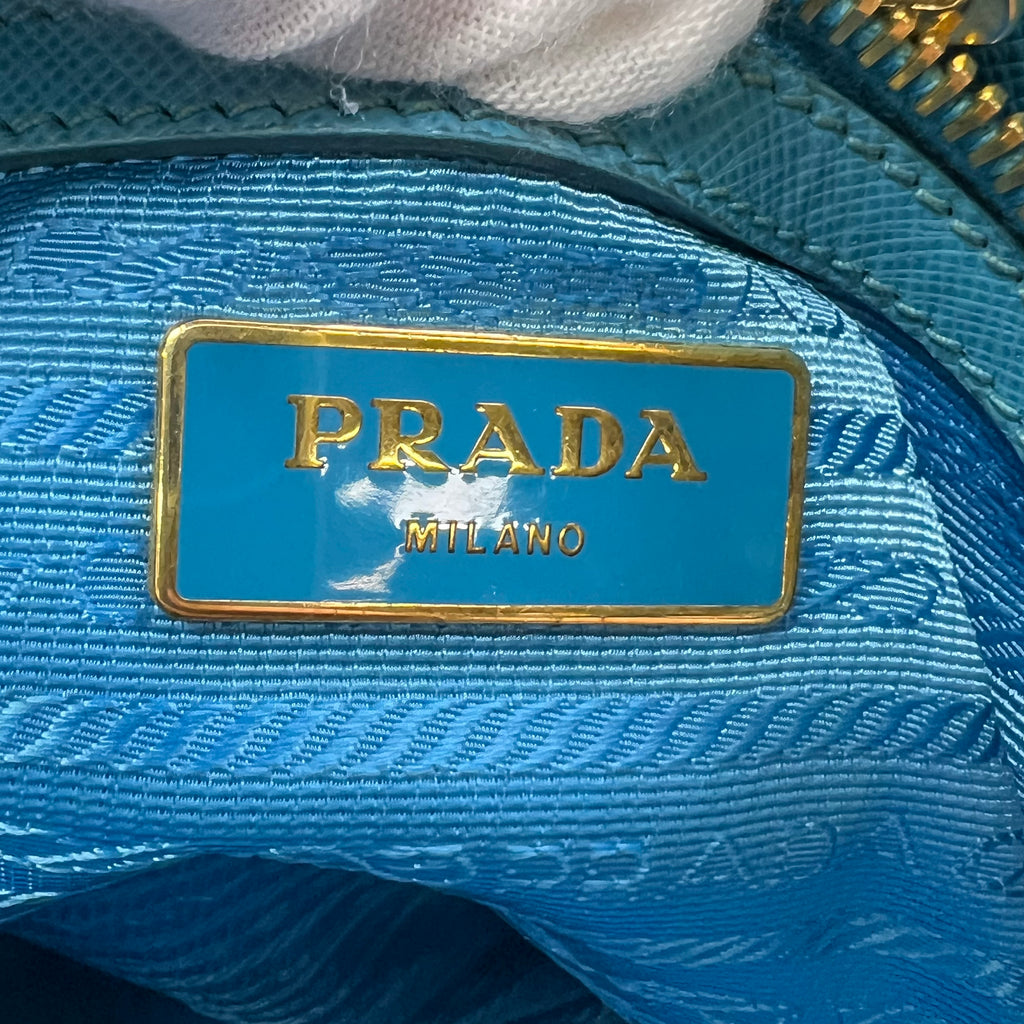 Prada Medium Double Zip Tote in Turquoise Saffiano Leather B23673