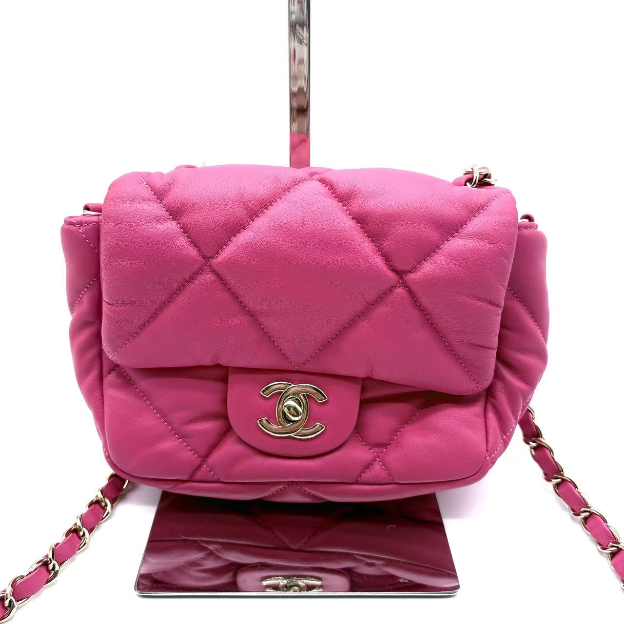 Calfskin Quilted Mini Square Bubbly Flap Pink