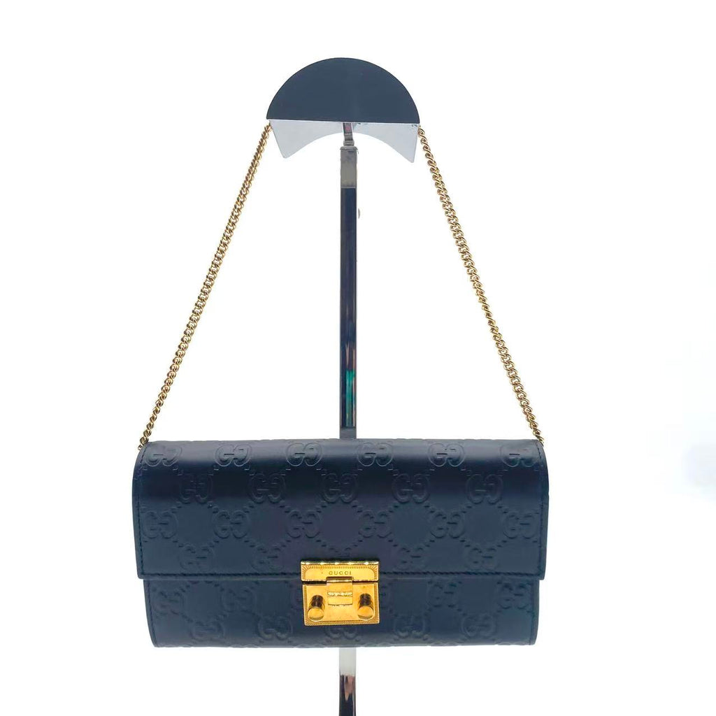 Black Guccissima Leather Padlock Chain Continental Wallet