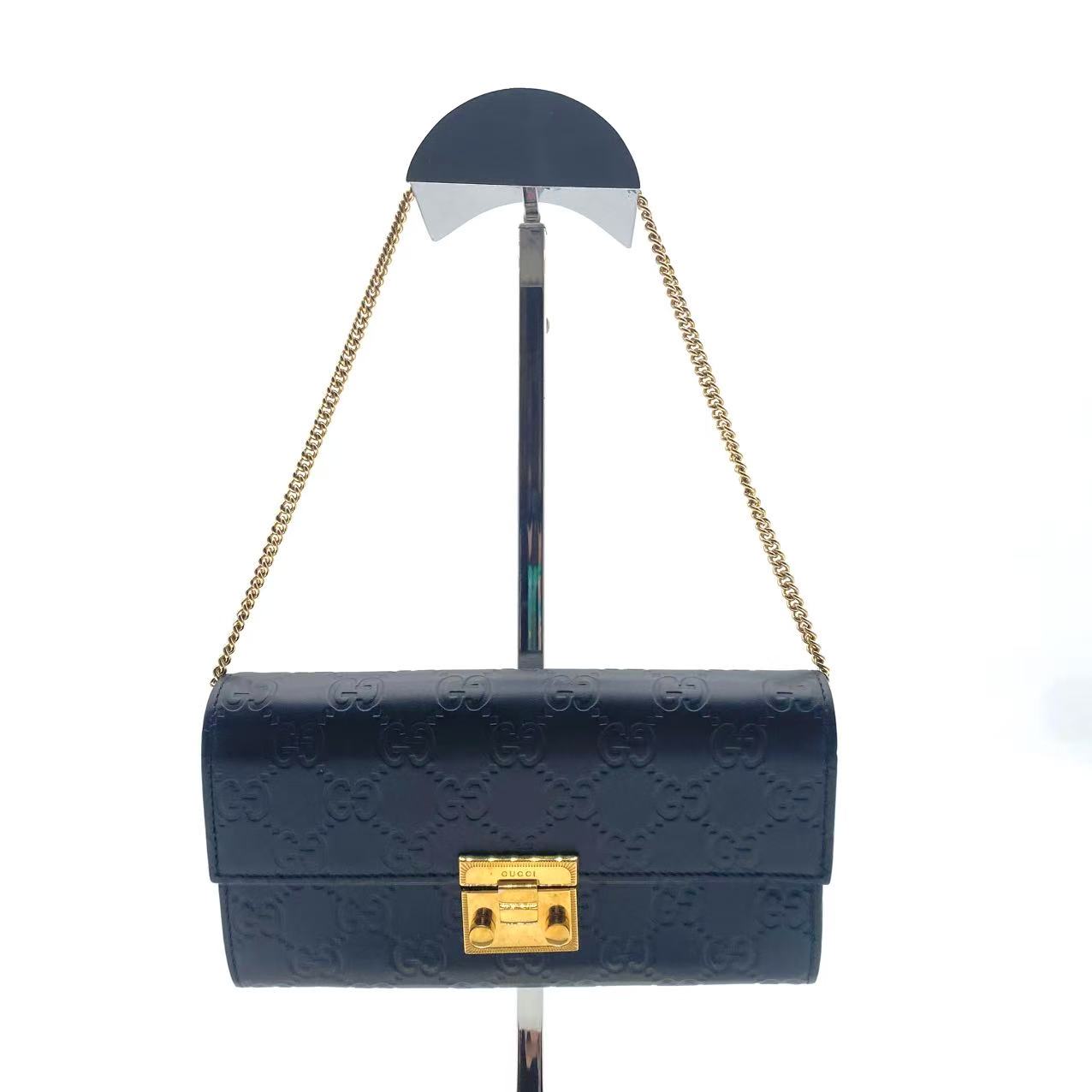 Black Guccissima Leather Padlock Chain Continental Wallet