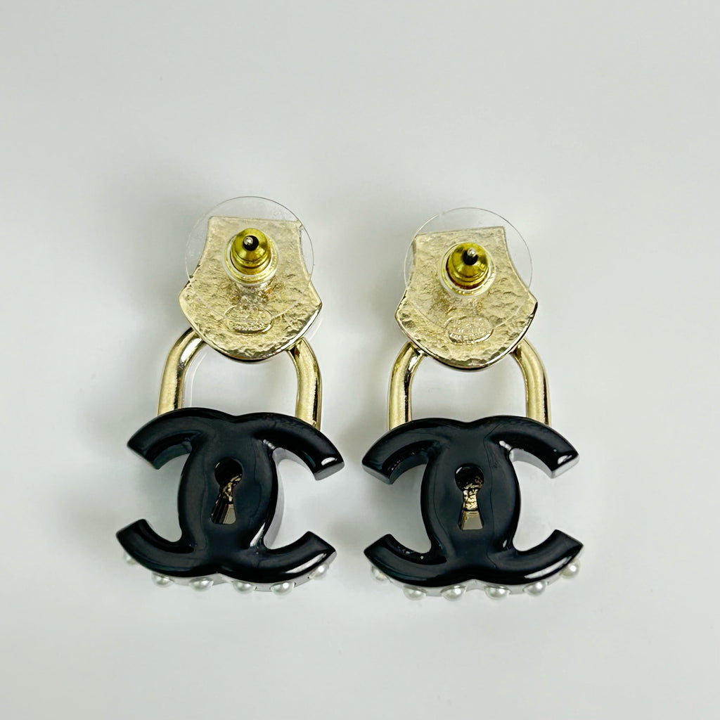 Metal Resin Crystal Pearl CC Lock Drop Earrings Gold Black Twins LDJ3338