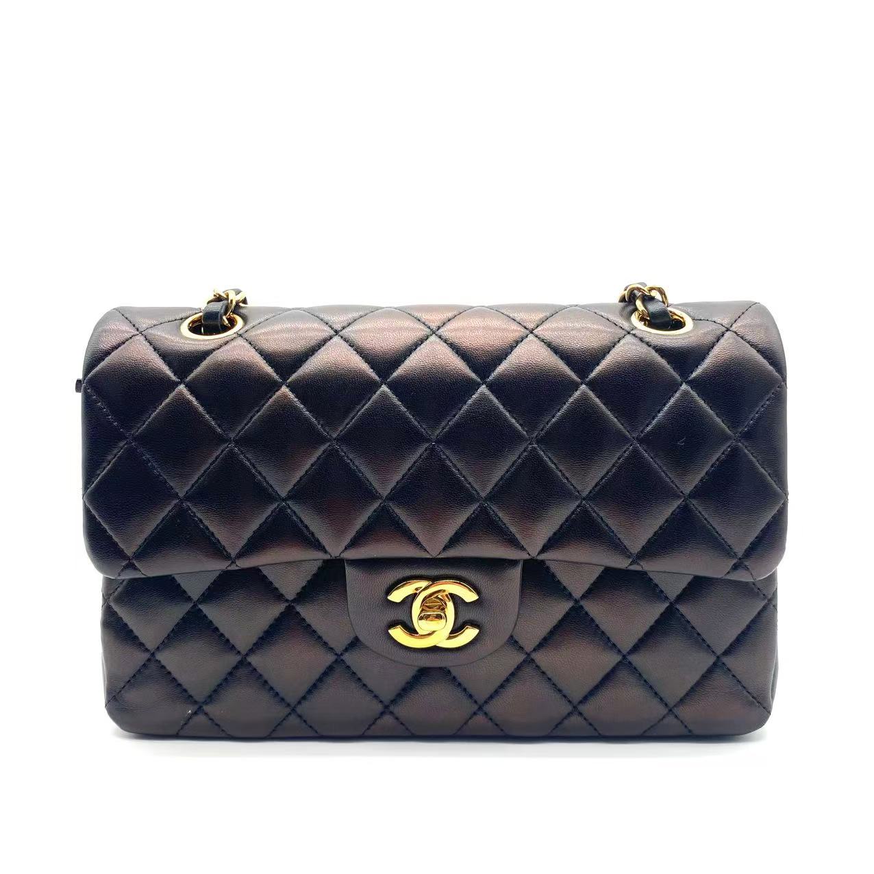 Iridescent Lambskin Quilted Mini Rectangular Flap Black