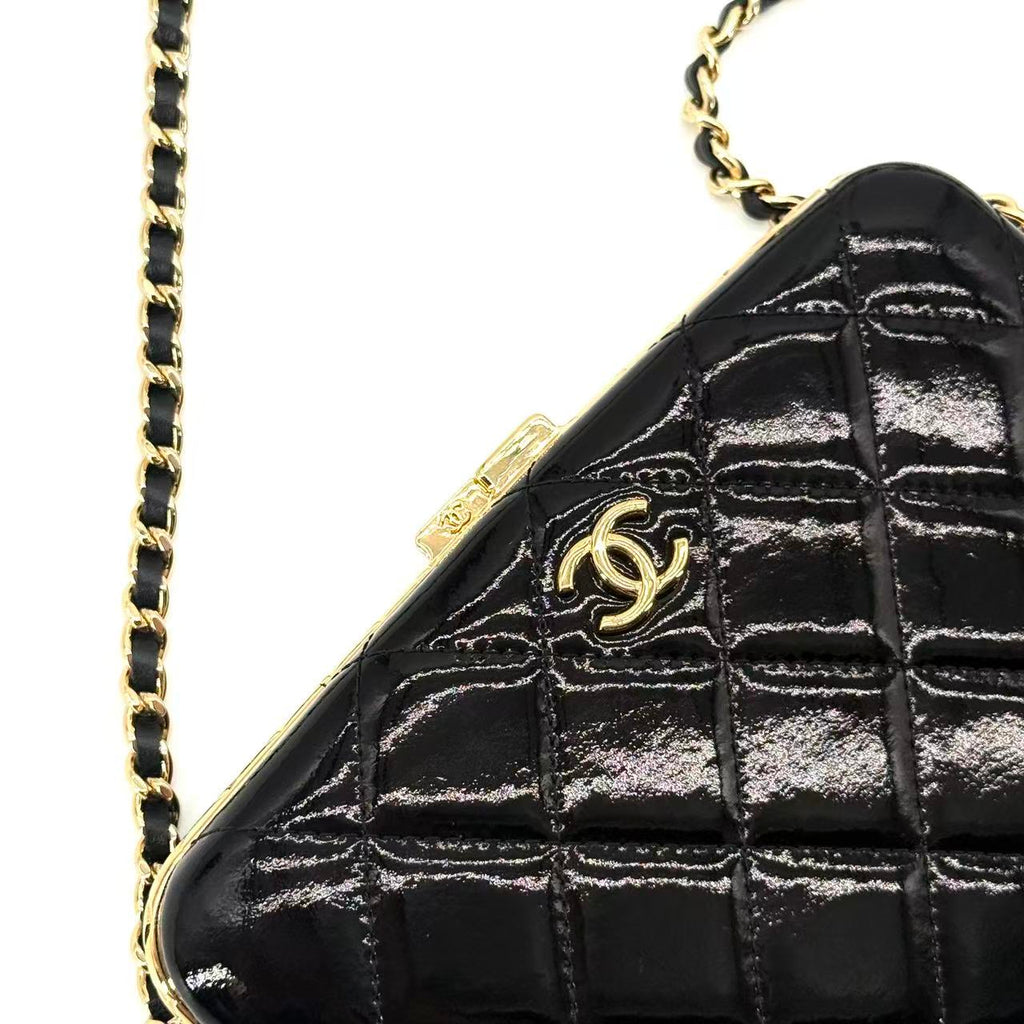 Black Quilted Patent Leather Large Box with Chain Gold Hardware