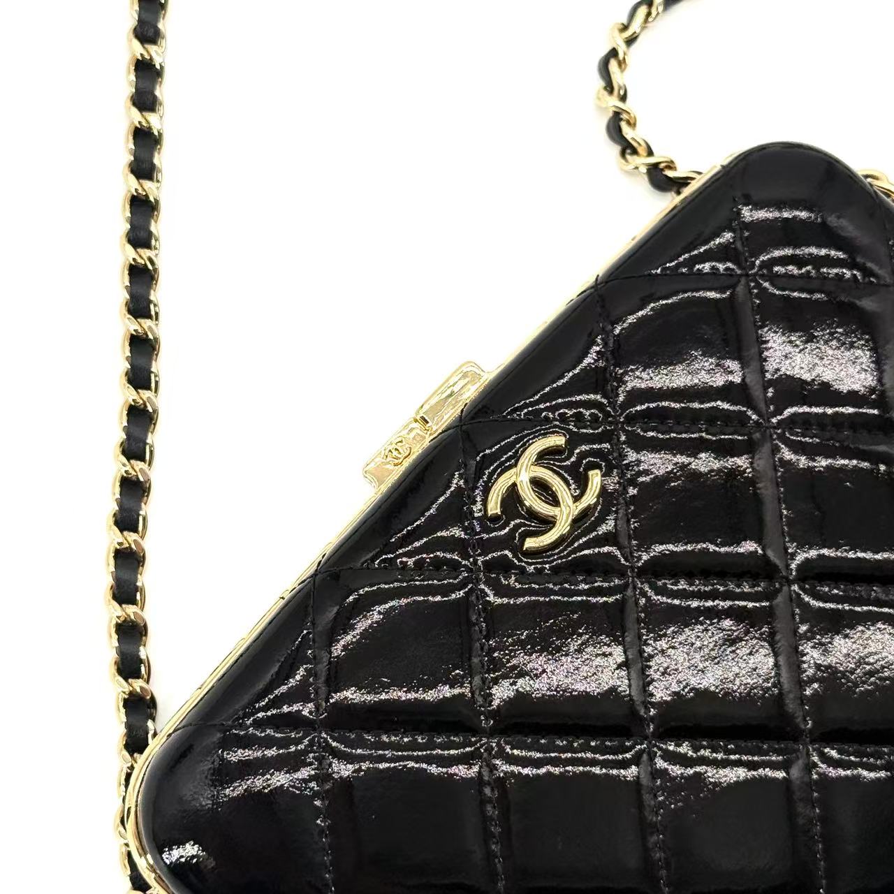 Black Quilted Patent Leather Large Box with Chain Gold Hardware