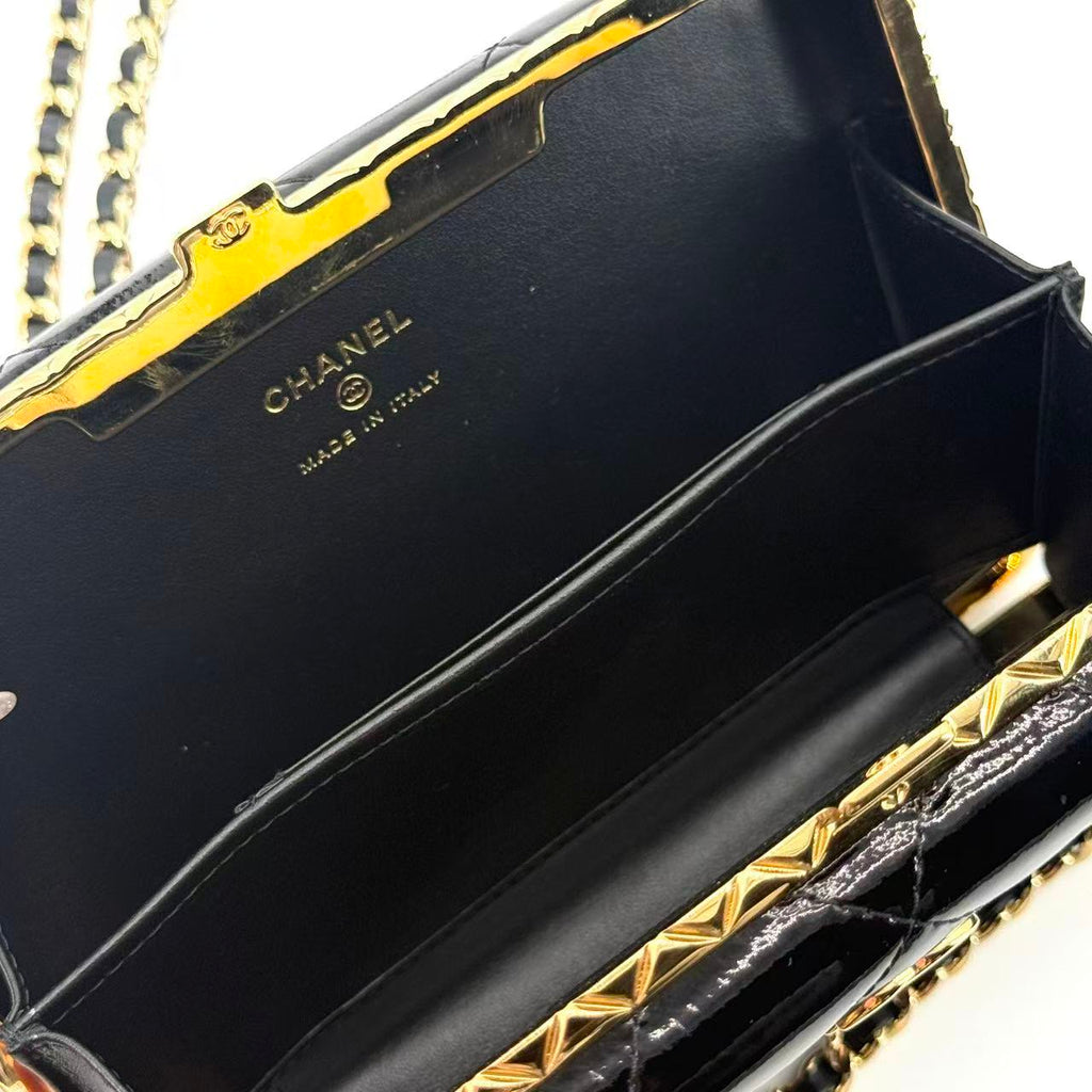 Black Quilted Patent Leather Large Box with Chain Gold Hardware