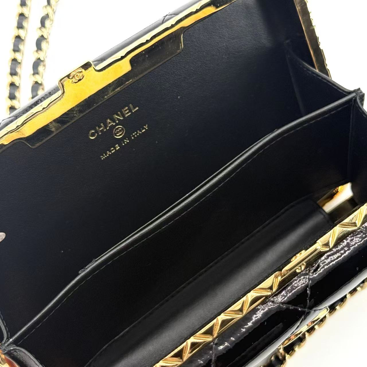 Black Quilted Patent Leather Large Box with Chain Gold Hardware