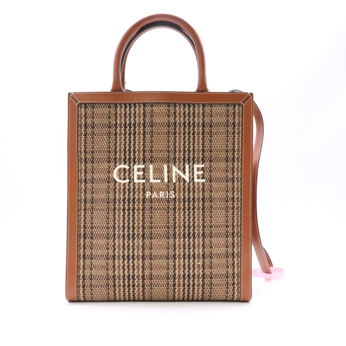 Celine Vertical Cabas Checked Textile Tan Leather twins LDJ6568