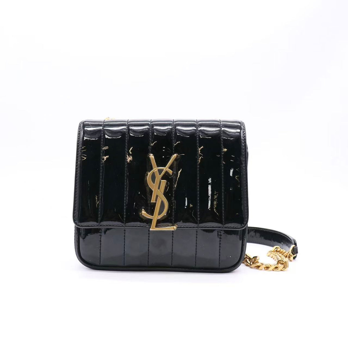 Saint Laurent Patent Calfskin Matelasse Monogram Small Vicky Chain Bag Black Twins LDZ1697