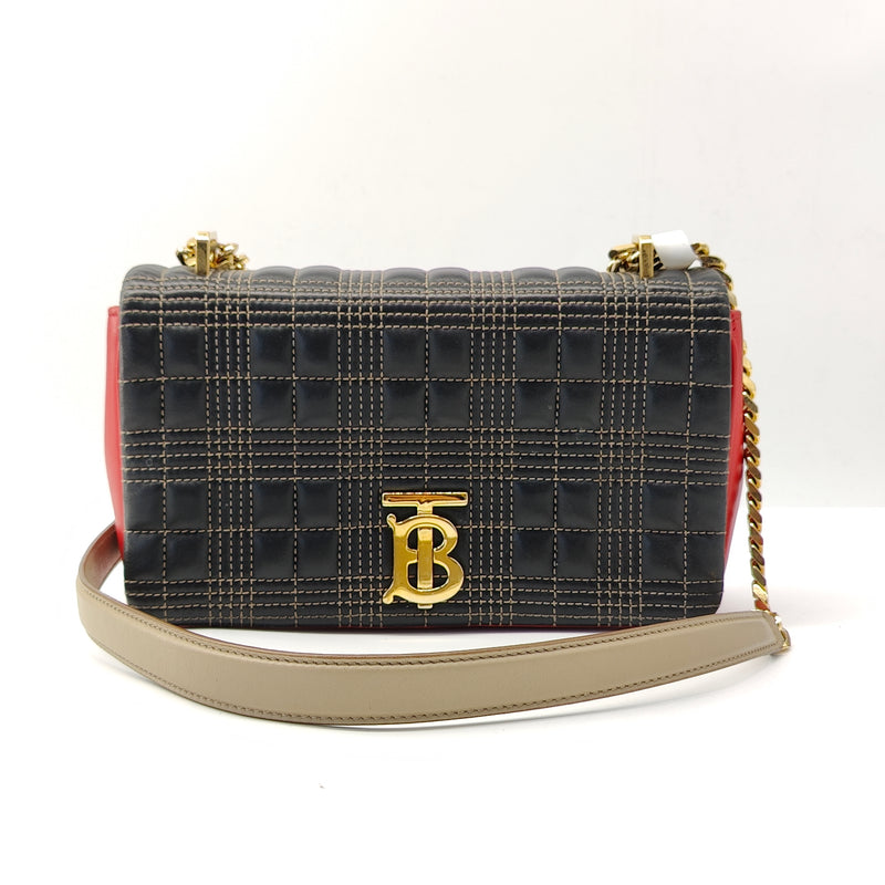 Burberry Lambskin Quilted Small Lola Tri-Color Bag Black Red Camel