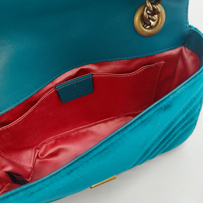 Velvet Matelasse Small GG Marmont Shoulder Bag Pavone Cyan