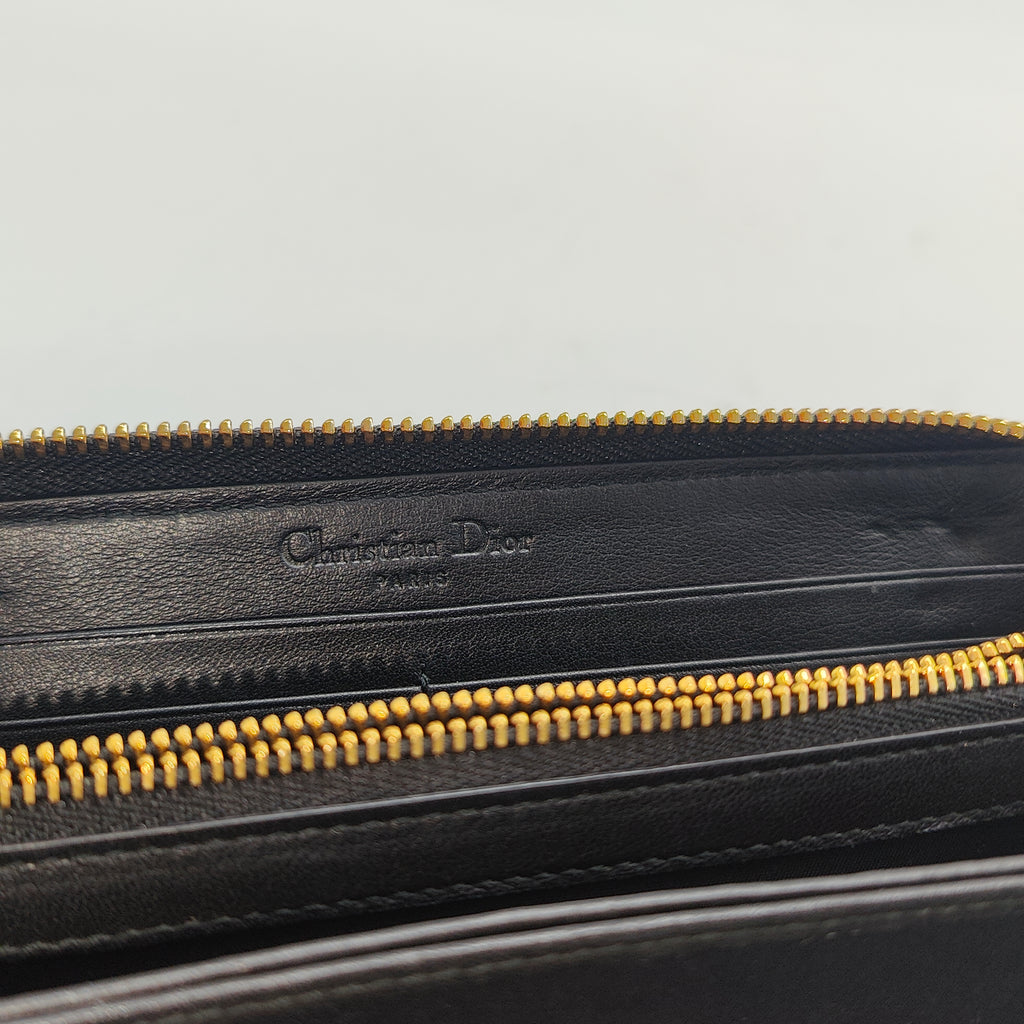 Black Cannage Quilted Patent Leather Zip Around Lady Dior Wallet