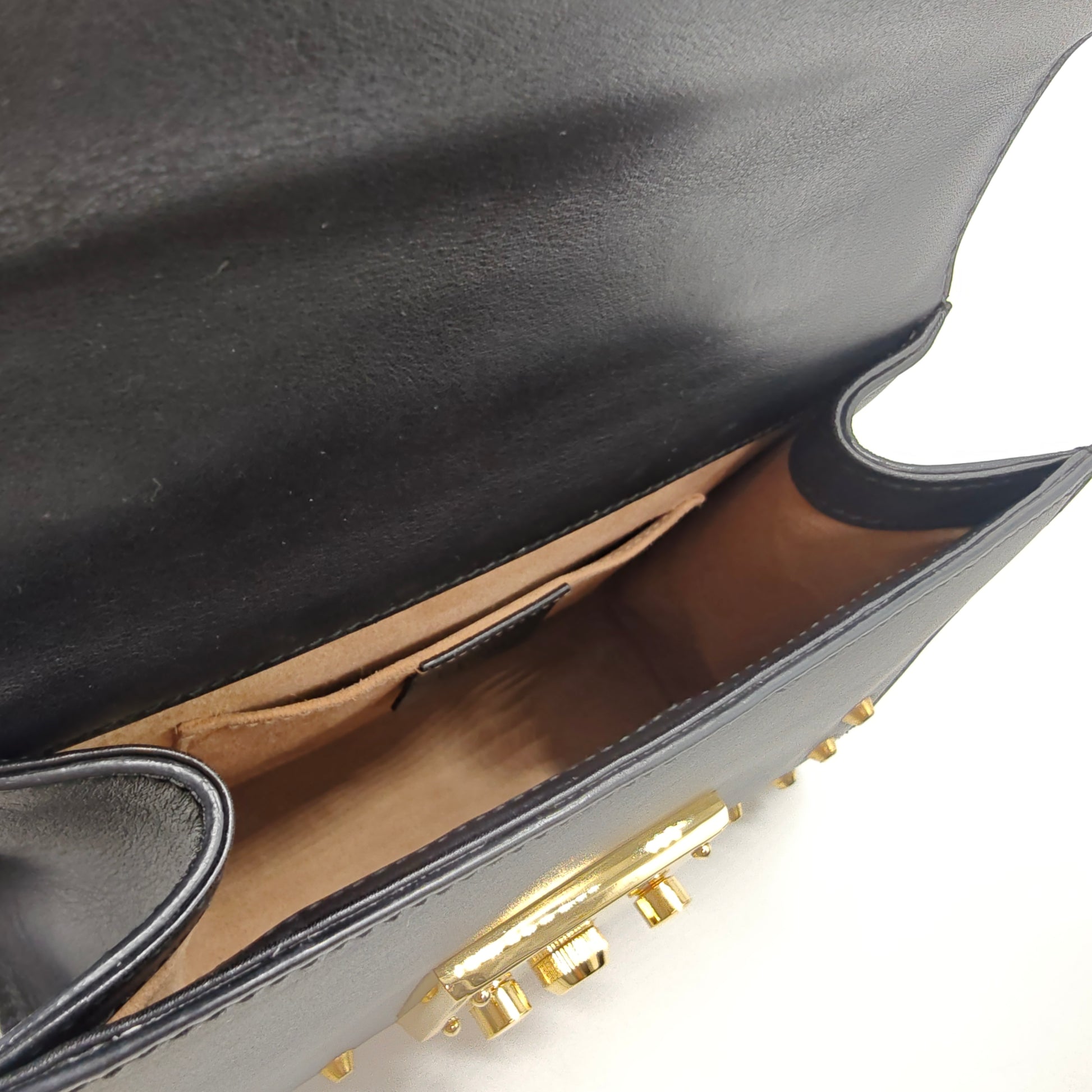 Black Small Pearl Studded Leather Padlock Crossbody