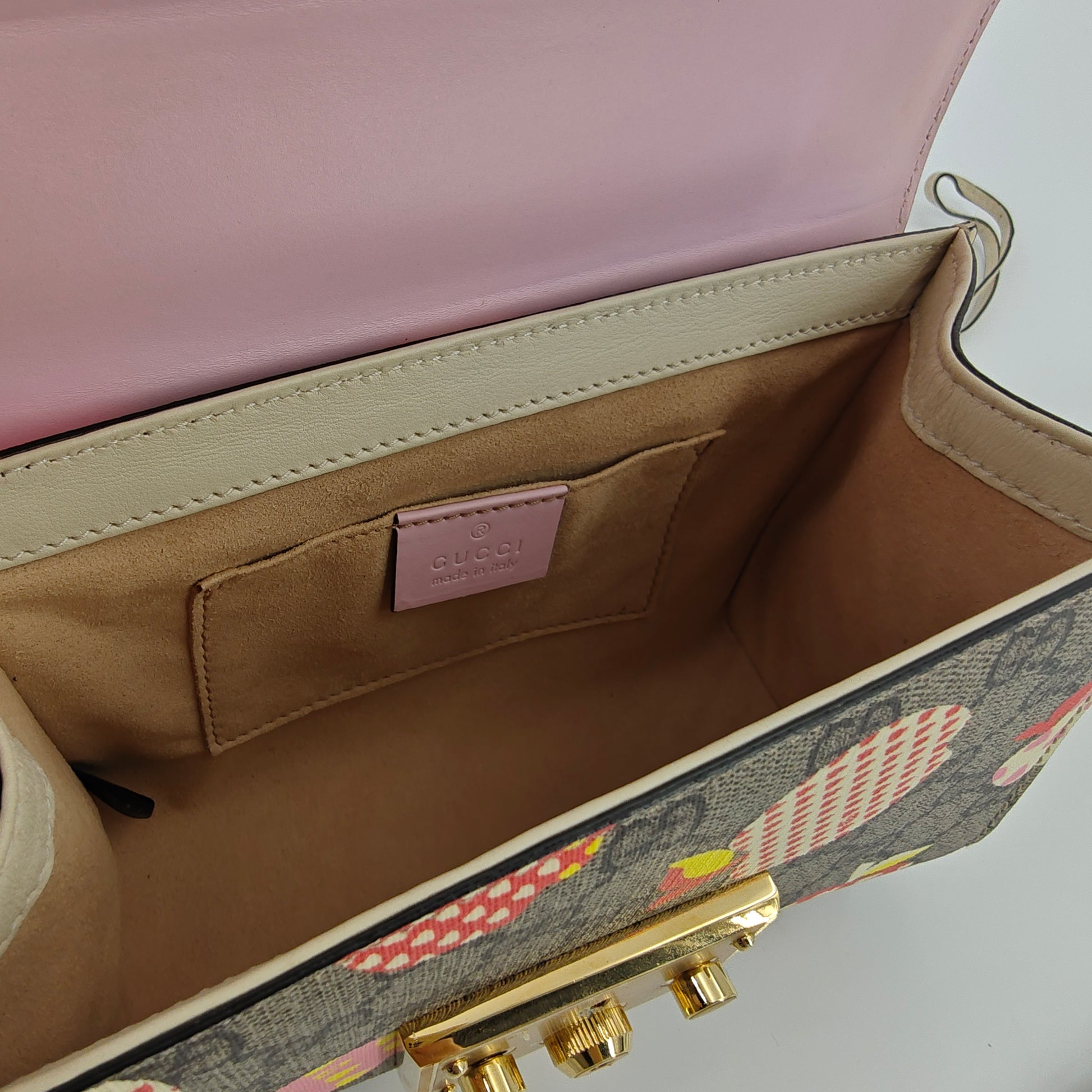 GG Supreme Monogram Les Pommes Small Padlock Shoulder Bag Beige Ebony Multicolor Pink