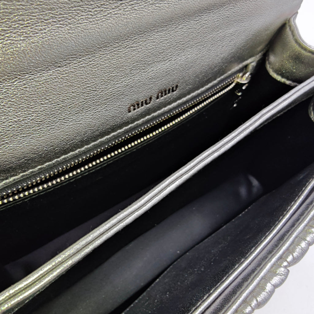 Small Metallic Silver Miu Confidential Matelassé Nappa Leather Bag