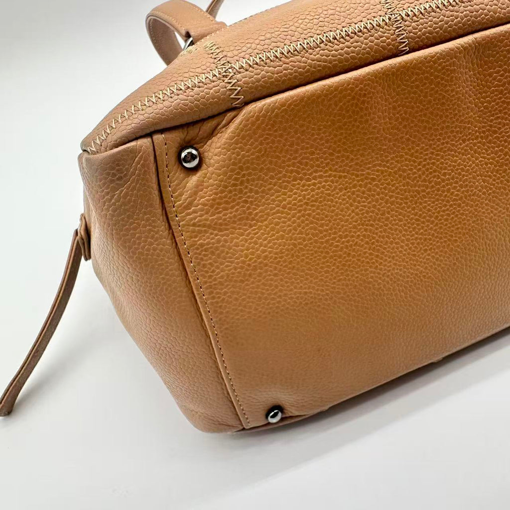 Beige Caviar Square Stitch Satchel Bag