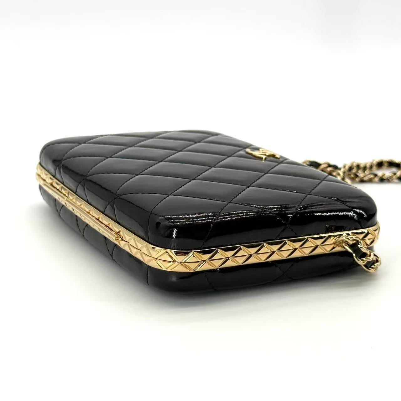 Black Quilted Patent Leather Large Box with Chain Gold Hardware