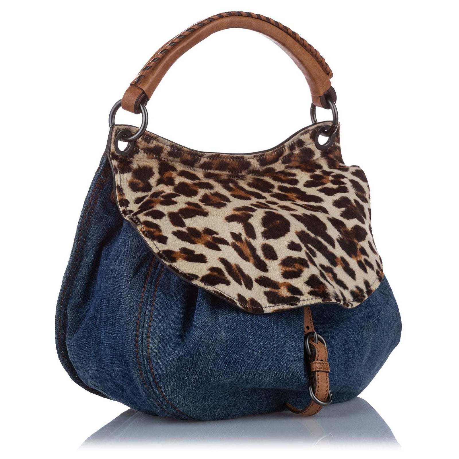 Blue Leopard Denim Satchel Brown - twins