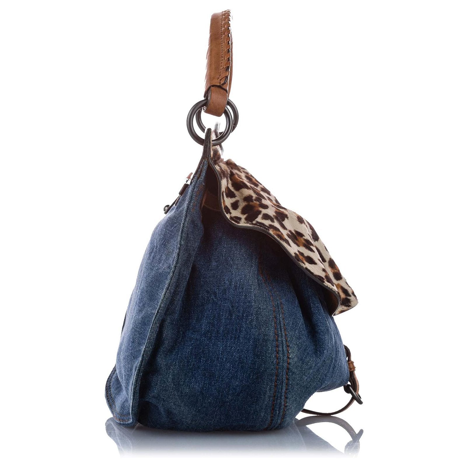 Blue Leopard Denim Satchel Brown - twins
