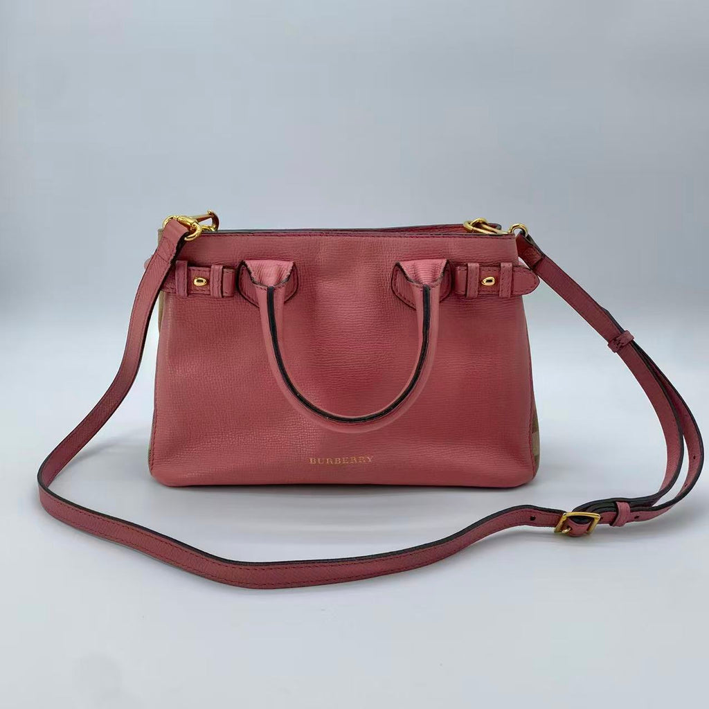 Banner Tote Leather and House Check Canvas Small