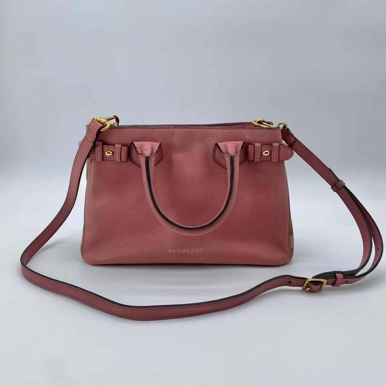 Banner Tote Leather and House Check Canvas Small