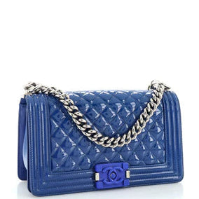 Patent Calfskin Quilted Medium Plexiglass Boy Flap Blue twins