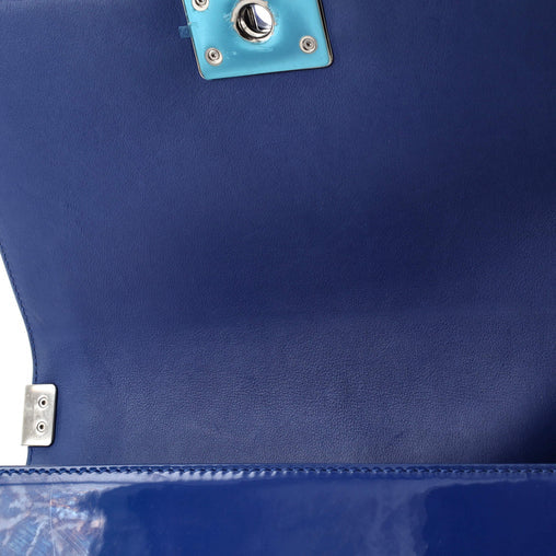 Patent Calfskin Quilted Medium Plexiglass Boy Flap Blue twins