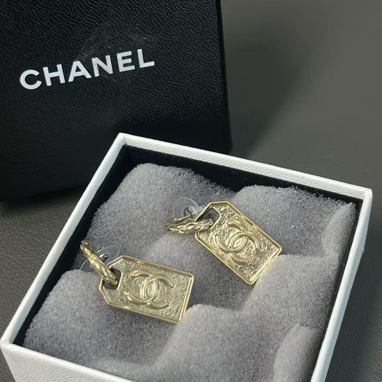 Chanel CC Tags Drop Earrings Gold Twins LDJ4175