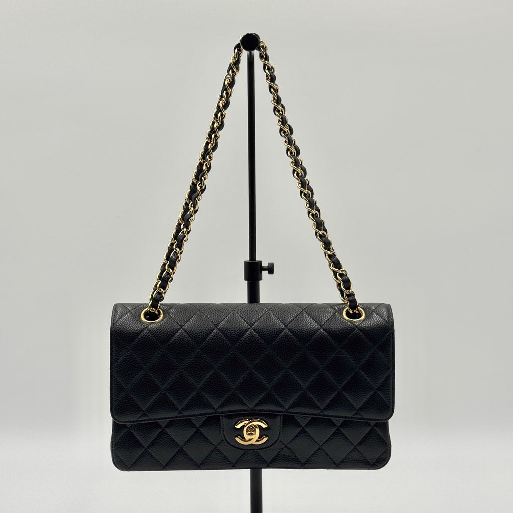Classic double flap medium caviar black microchip