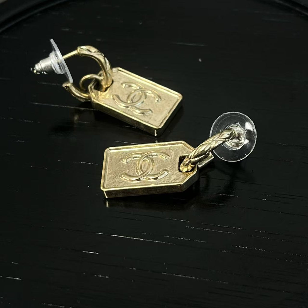 Chanel CC Tags Drop Earrings Gold Twins LDJ4175