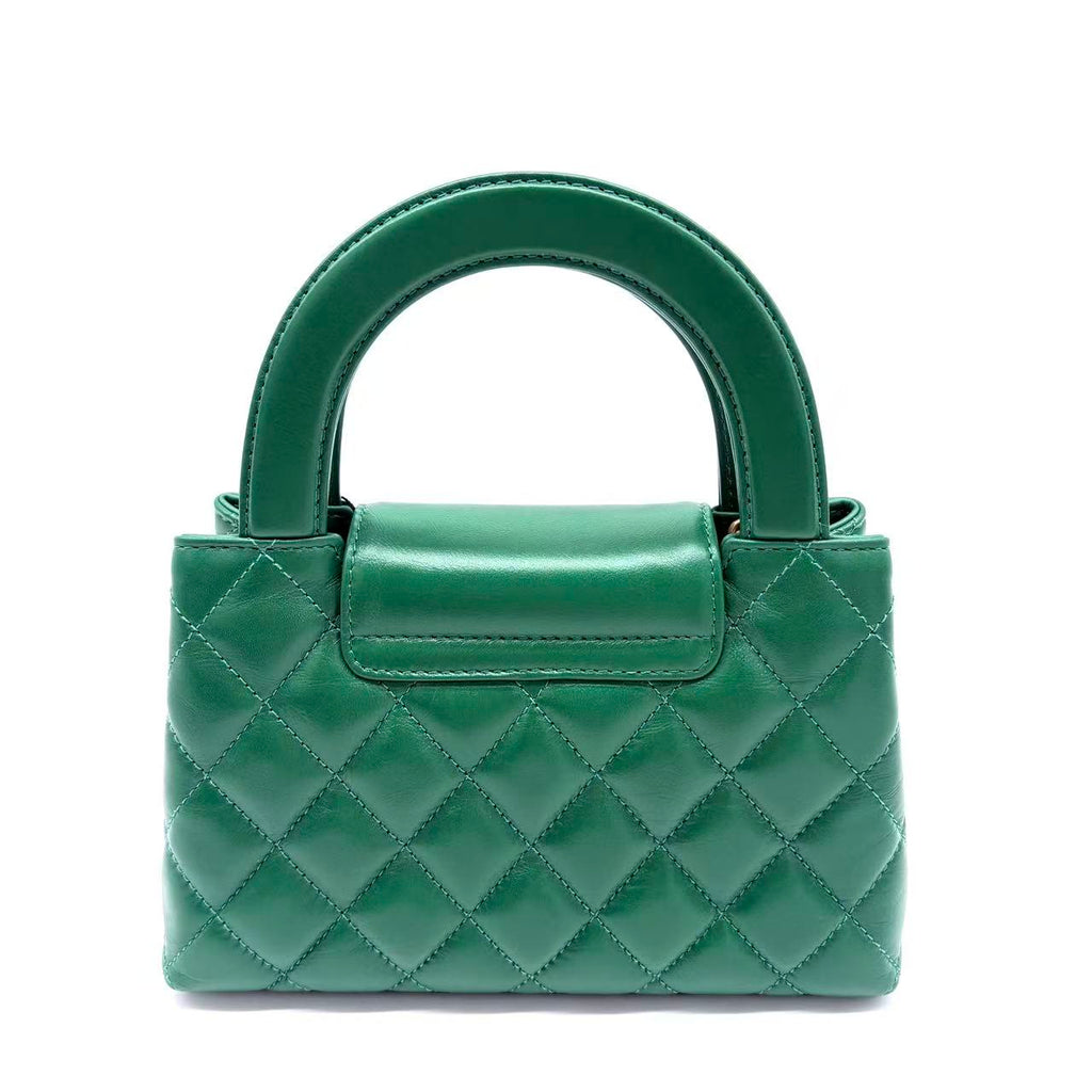 Shiny Aged Calfskin Quilted Nano Kelly Shopper Green