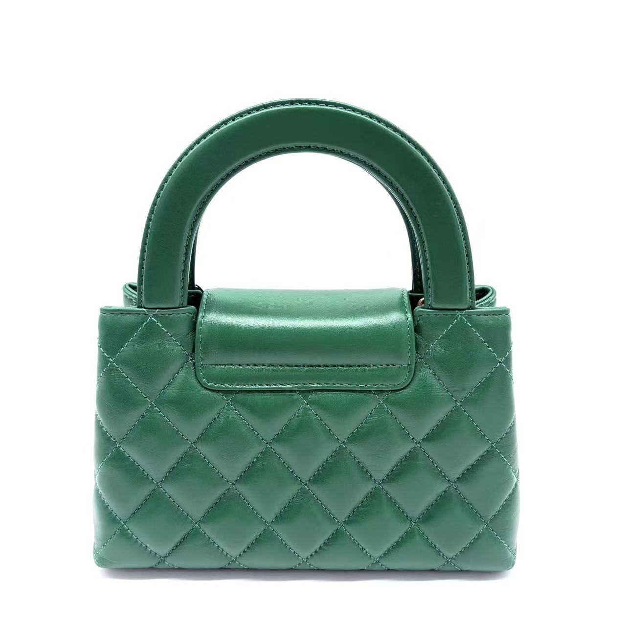 Shiny Aged Calfskin Quilted Nano Kelly Shopper Green