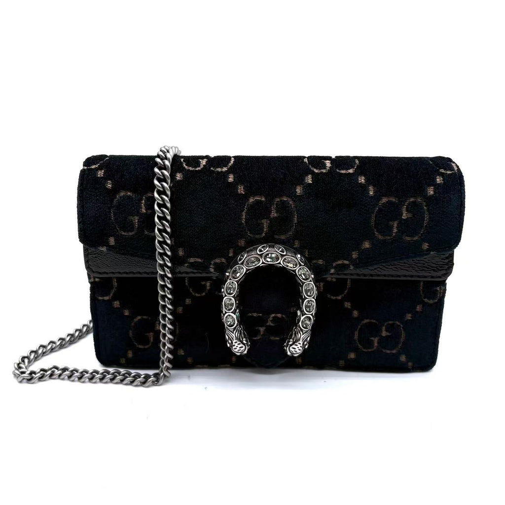 Velvet Skipper Crystal GG Monogram Super Mini Dionysus Shoulder Bag Black