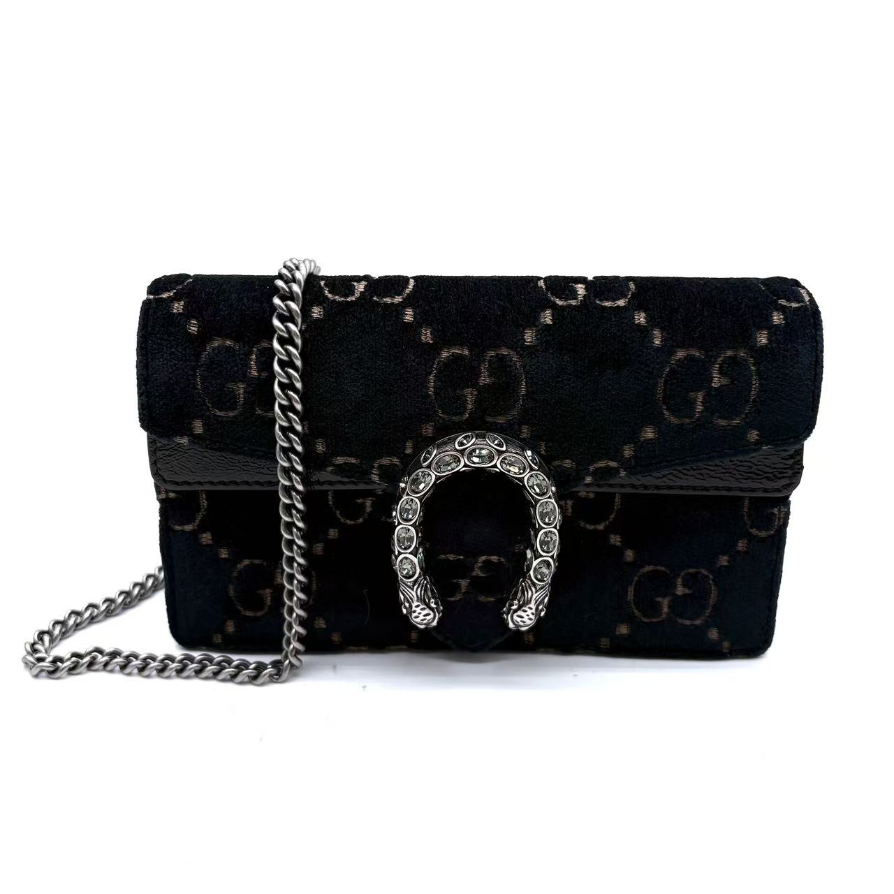 Velvet Skipper Crystal GG Monogram Super Mini Dionysus Shoulder Bag Black
