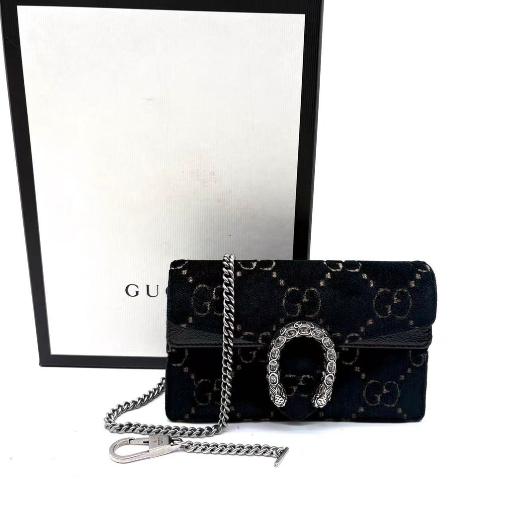Velvet Skipper Crystal GG Monogram Super Mini Dionysus Shoulder Bag Black