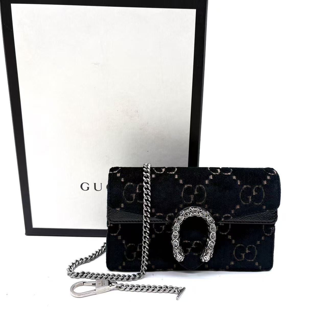 Velvet Skipper Crystal GG Monogram Super Mini Dionysus Shoulder Bag Black