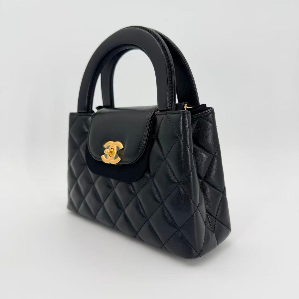 Nano Kelly Shopper bag in black shiny aged calfskin leather with gold hardware