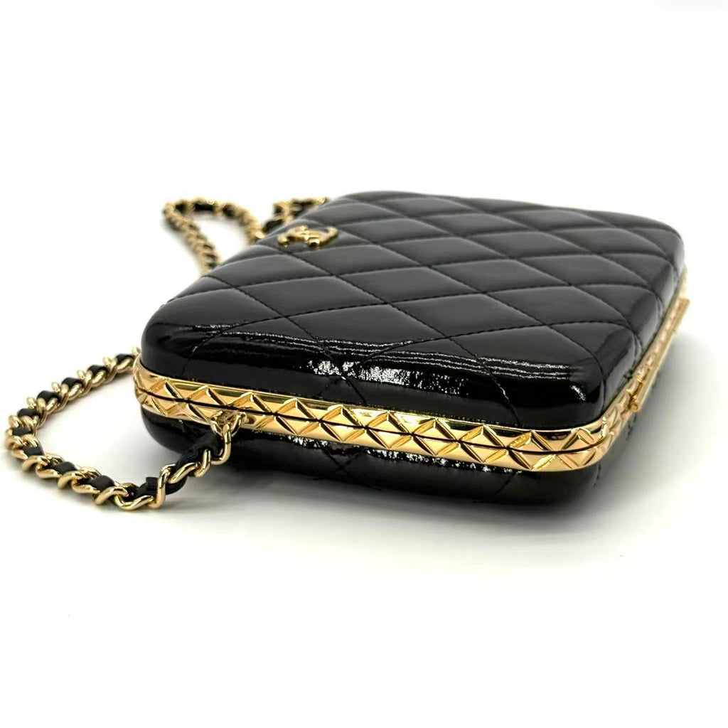 Black Quilted Patent Leather Large Box with Chain Gold Hardware