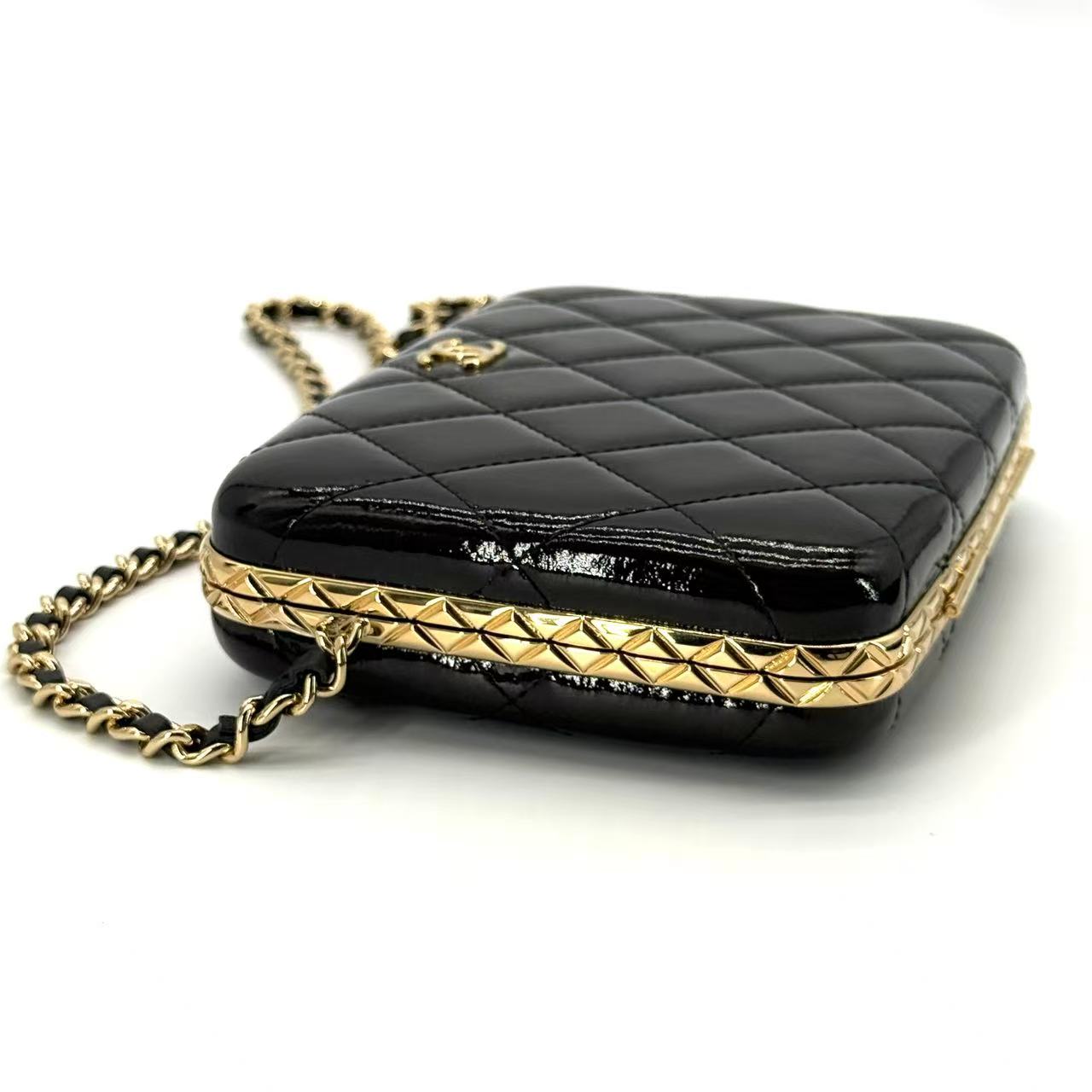 Black Quilted Patent Leather Large Box with Chain Gold Hardware