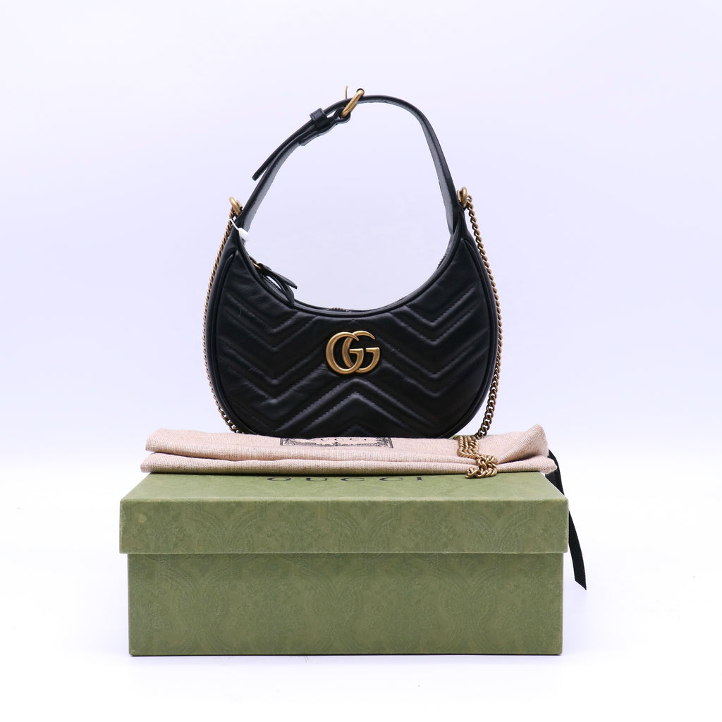 Calfskin Matelasse Chevron Mini GG Marmont Half Moon Hobo Black twins LDJ4192