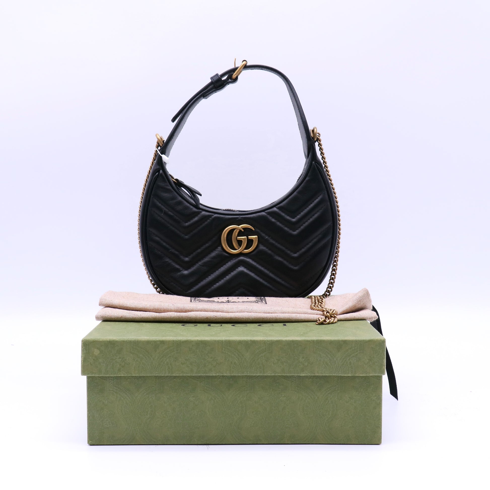Calfskin Matelasse Chevron Mini GG Marmont Half Moon Hobo Black twins LDJ4192