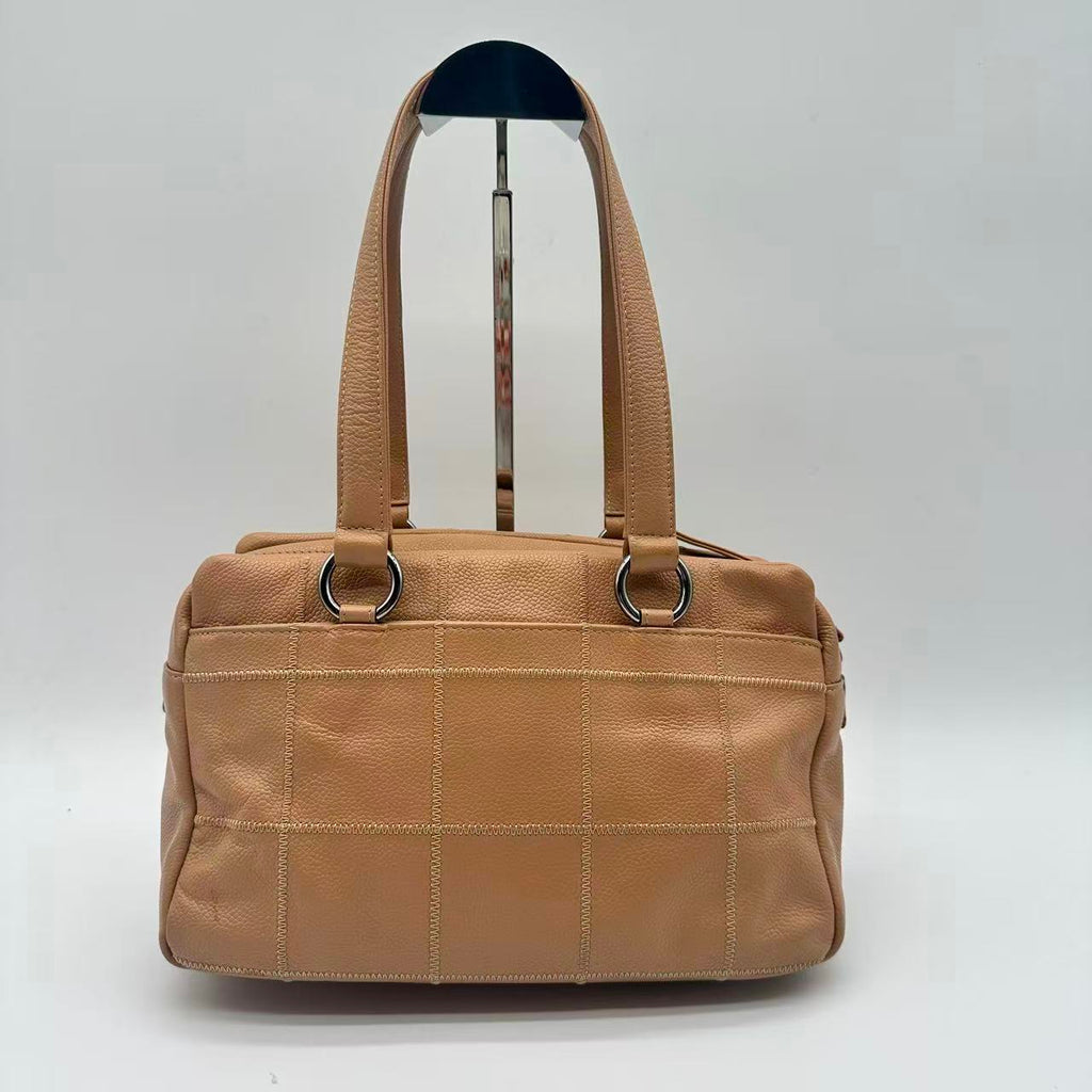 Beige Caviar Square Stitch Satchel Bag