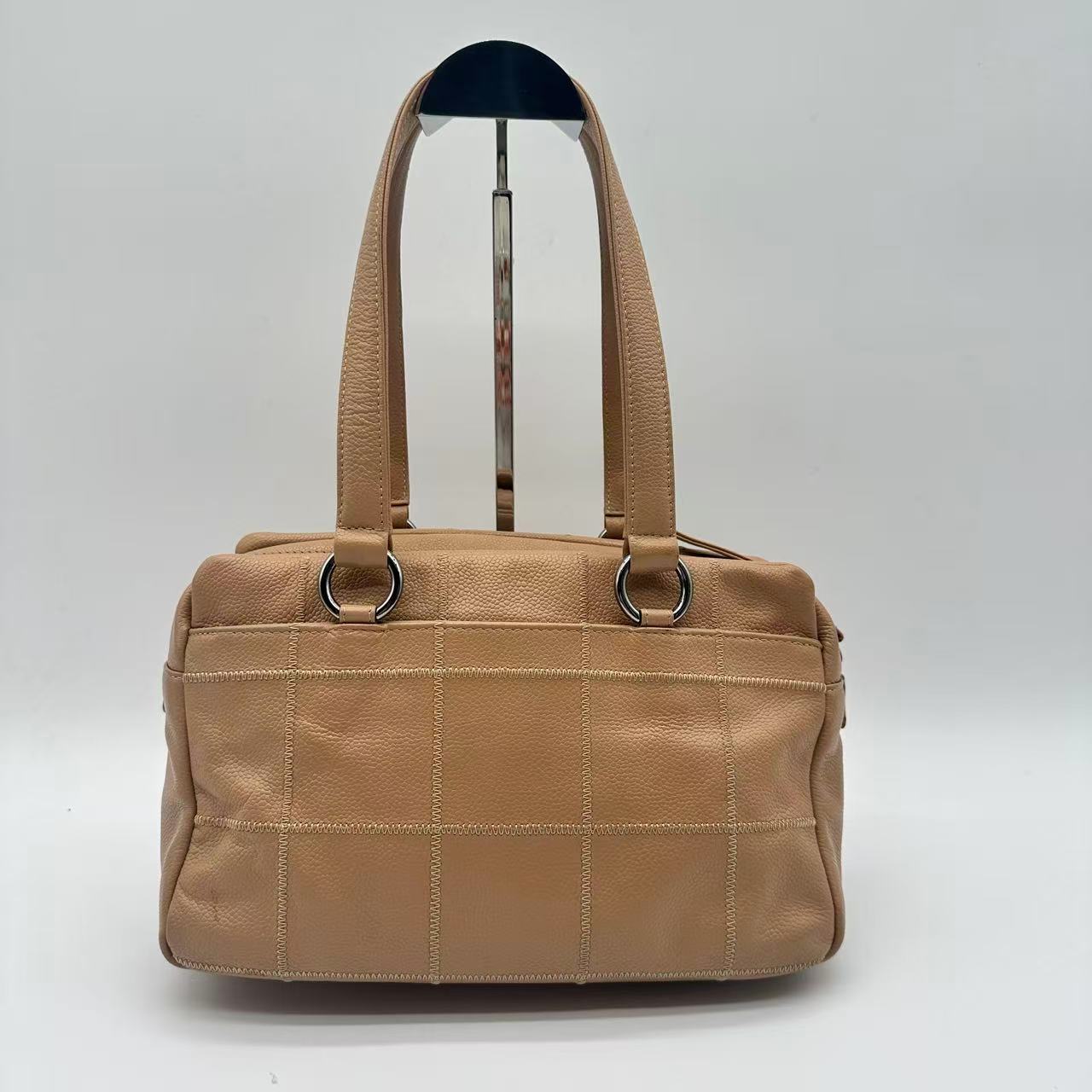 Beige Caviar Square Stitch Satchel Bag