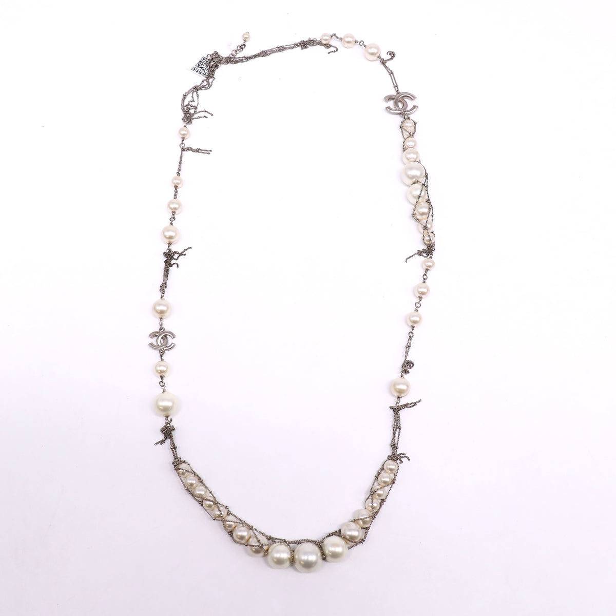 Chanel Gunmetal Pearl Dangling Chain Long Necklace Twins LDJ6747