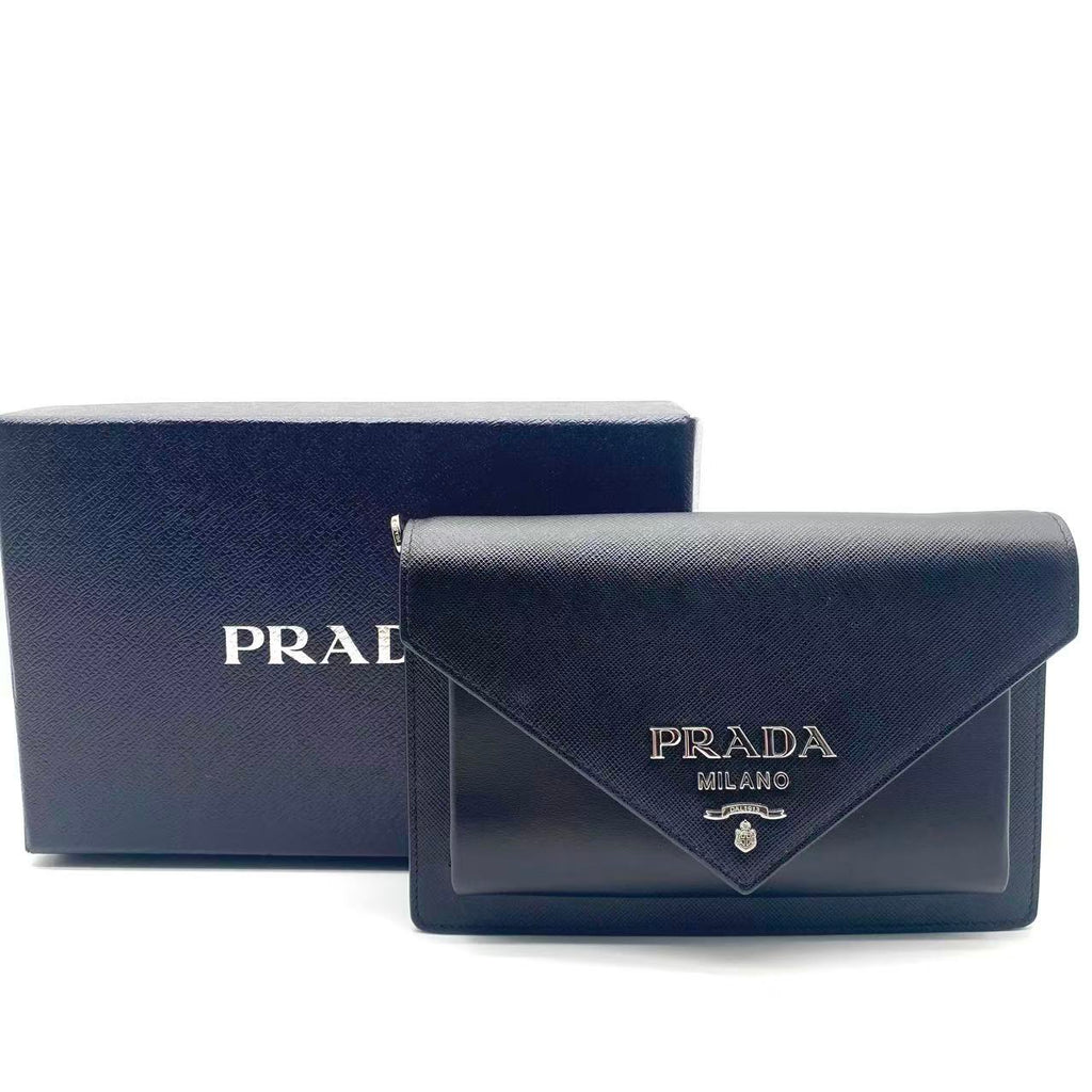Prada Saffiano Leather Mini Envelope Bag 2Way Shoulder Bag Black